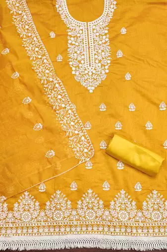 Women's Mustard Chanderi Cotton White Embroidered Lucknowi Chikankari Style Salwar Suit Dress Material