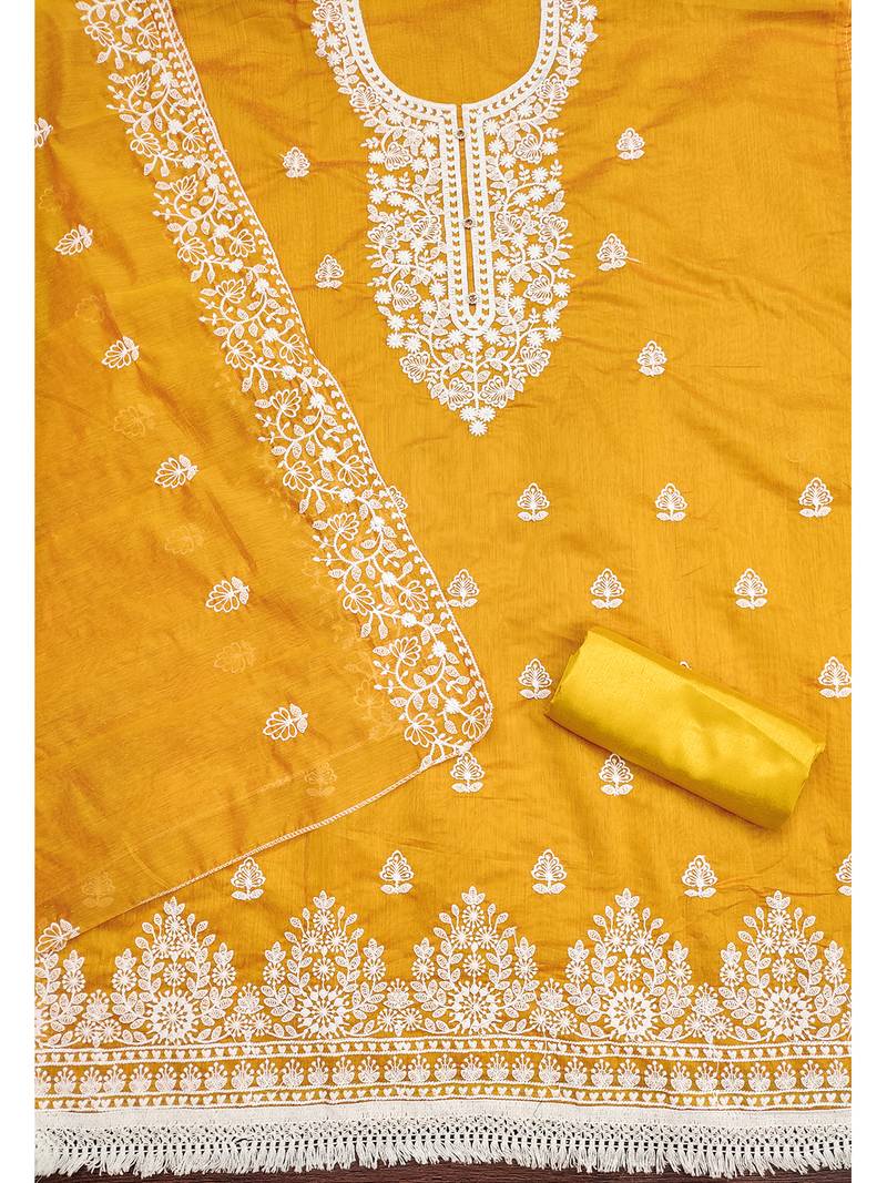 Women's Mustard Chanderi Cotton White Embroidered Lucknowi Chikankari Style Salwar Suit Dress Material