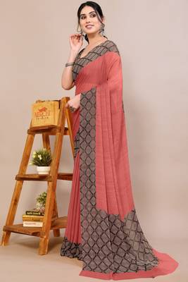 Dusty orange chiffon solid checks printed saree with unstiched blouse piece 1