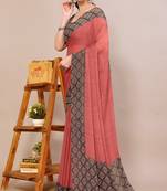 Dusty orange chiffon solid checks printed saree with unstiched blouse piece
