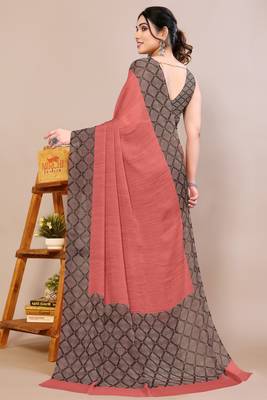 Dusty orange chiffon solid checks printed saree with unstiched blouse piece 2