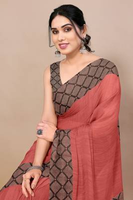 Dusty orange chiffon solid checks printed saree with unstiched blouse piece 4
