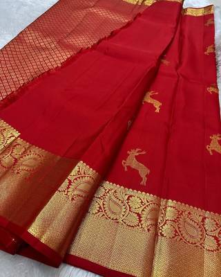 Red color silk blend sarees with blouse 1