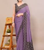 Dusty violet chiffon solid checks printed saree with unstiched blouse piece
