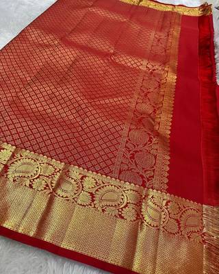 Red color silk blend sarees with blouse 4