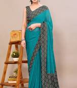 Rama blue chiffon solid checks printed saree with unstiched blouse piece