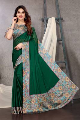 Dark green chiffon solid abstract printed saree with unstiched blouse piece 1