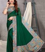 Dark green chiffon solid abstract printed saree with unstiched blouse piece