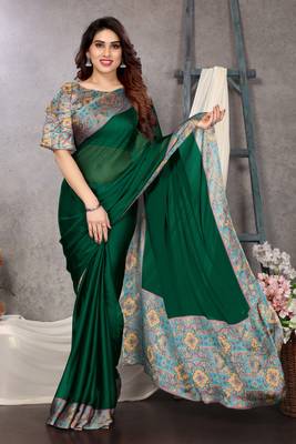 Dark green chiffon solid abstract printed saree with unstiched blouse piece 2