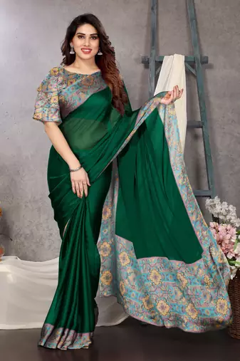 Dark green chiffon solid abstract printed saree with unstiched blouse piece