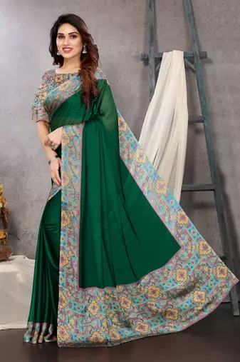 Dark green chiffon solid abstract printed saree with unstiched blouse piece