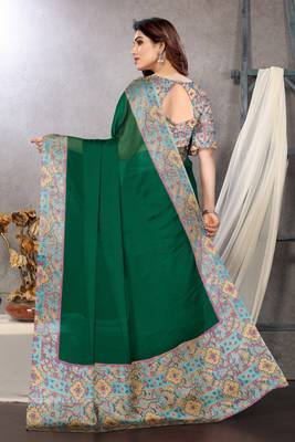 Dark green chiffon solid abstract printed saree with unstiched blouse piece 4