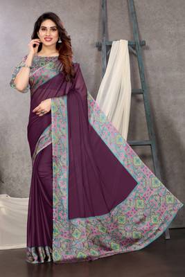Wine chiffon solid abstract printed saree with unstiched blouse piece 1