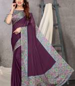 Wine chiffon solid abstract printed saree with unstiched blouse piece