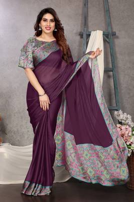 Wine chiffon solid abstract printed saree with unstiched blouse piece 2