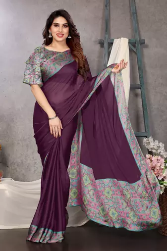 Wine chiffon solid abstract printed saree with unstiched blouse piece