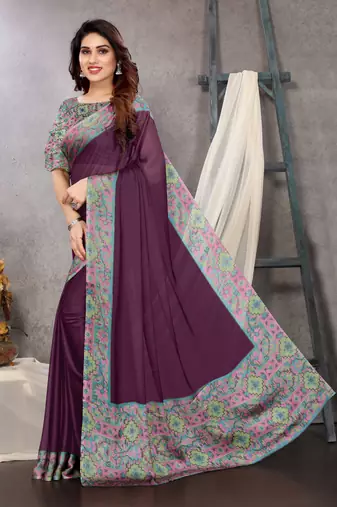 Wine chiffon solid abstract printed saree with unstiched blouse piece