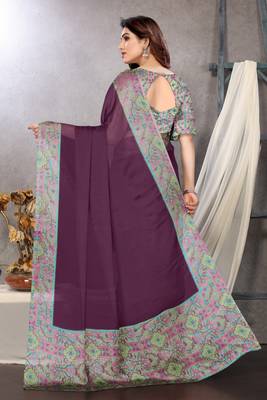 Wine chiffon solid abstract printed saree with unstiched blouse piece 4