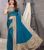 Teal blue chiffon solid abstract printed saree with unstiched blouse piece