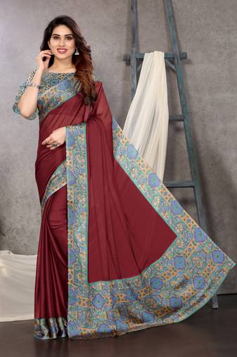 Maroon chiffon solid abstract printed saree with unstiched blouse piece