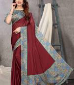 Maroon chiffon solid abstract printed saree with unstiched blouse piece