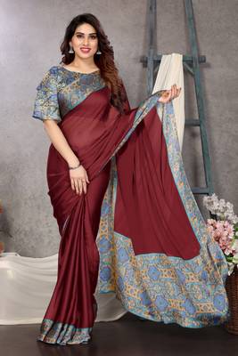 Maroon chiffon solid abstract printed saree with unstiched blouse piece 2