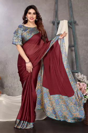 Maroon chiffon solid abstract printed saree with unstiched blouse piece