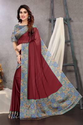 Maroon chiffon solid abstract printed saree with unstiched blouse piece 3