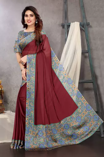 Maroon chiffon solid abstract printed saree with unstiched blouse piece