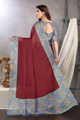 Maroon chiffon solid abstract printed saree with unstiched blouse piece 4