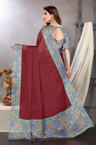 Maroon chiffon solid abstract printed saree with unstiched blouse piece