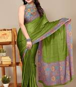 Green chiffon solid abstract printed saree with unstiched blouse piece