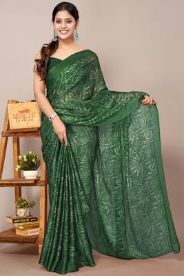 Green chiffon floral print plain saree with unstiched blouse piece 1