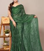 Green chiffon floral print plain saree with unstiched blouse piece