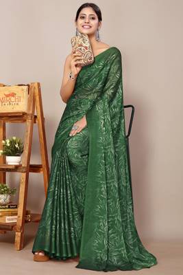 Green chiffon floral print plain saree with unstiched blouse piece 2
