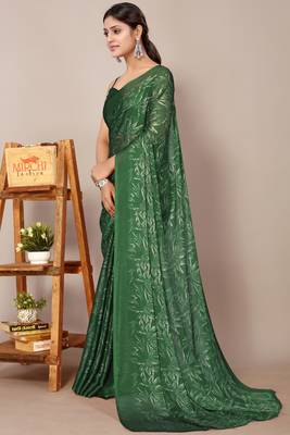 Green chiffon floral print plain saree with unstiched blouse piece 3