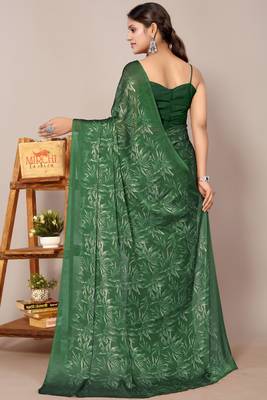 Green chiffon floral print plain saree with unstiched blouse piece 4