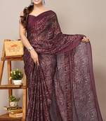 Maroon chiffon floral print plain saree with unstiched blouse piece