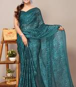 Teal blue chiffon floral print plain saree with unstiched blouse piece