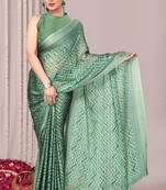 Sea green chiffon chevron printed saree with unstiched blouse piece