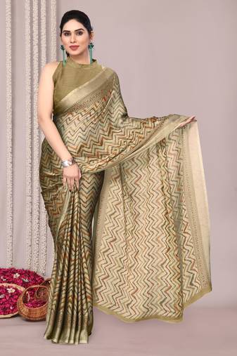 Dark beige chiffon chevron printed saree with unstiched blouse piece