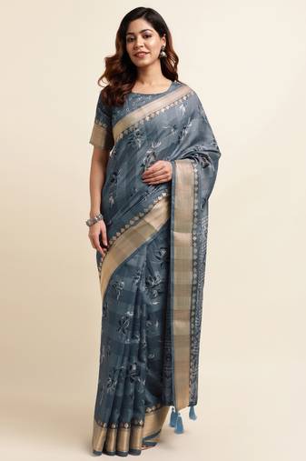 Dusty blue cotton floral print ajrakh print golden zari border tassels saree with unstiched blouse piece