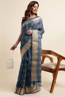 Dusty blue cotton floral print ajrakh print golden zari border tassels saree with unstiched blouse piece 2