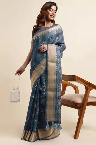 Dusty blue cotton floral print ajrakh print golden zari border tassels saree with unstiched blouse piece