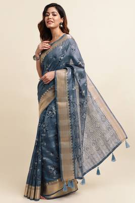 Dusty blue cotton floral print ajrakh print golden zari border tassels saree with unstiched blouse piece 3