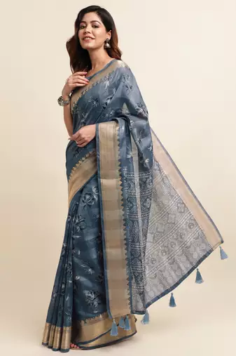 Dusty blue cotton floral print ajrakh print golden zari border tassels saree with unstiched blouse piece