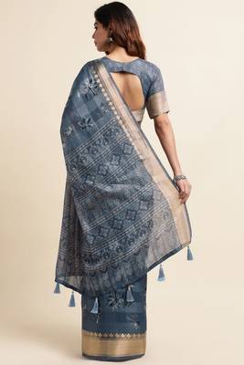 Dusty blue cotton floral print ajrakh print golden zari border tassels saree with unstiched blouse piece 4