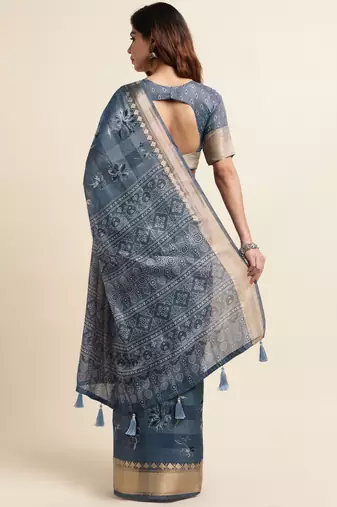 Dusty blue cotton floral print ajrakh print golden zari border tassels saree with unstiched blouse piece