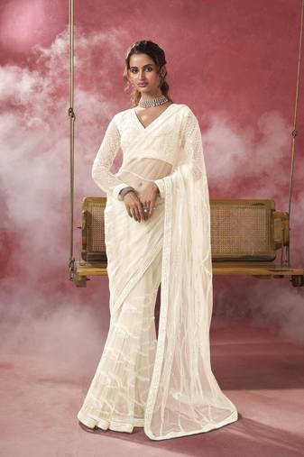 White color beads and sequins work net fabric saree with blouse fabric 