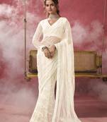 White color beads and sequins work net fabric saree with blouse fabric 